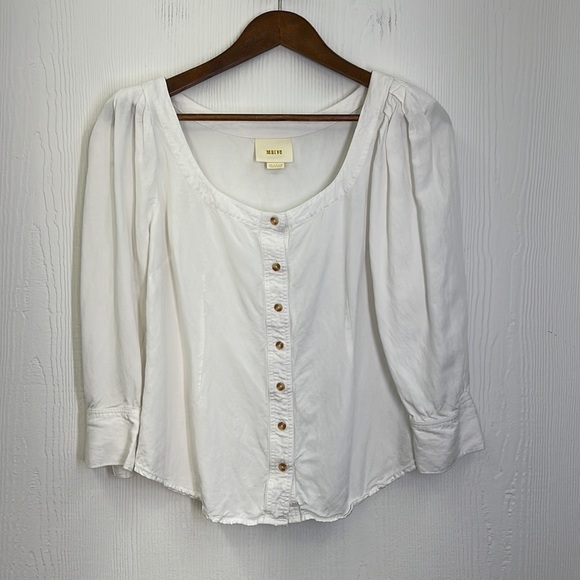 Anthropologie- Maeve White Button Down Puffed Sleeves Blouse Size 8 - Picture 7 of 10